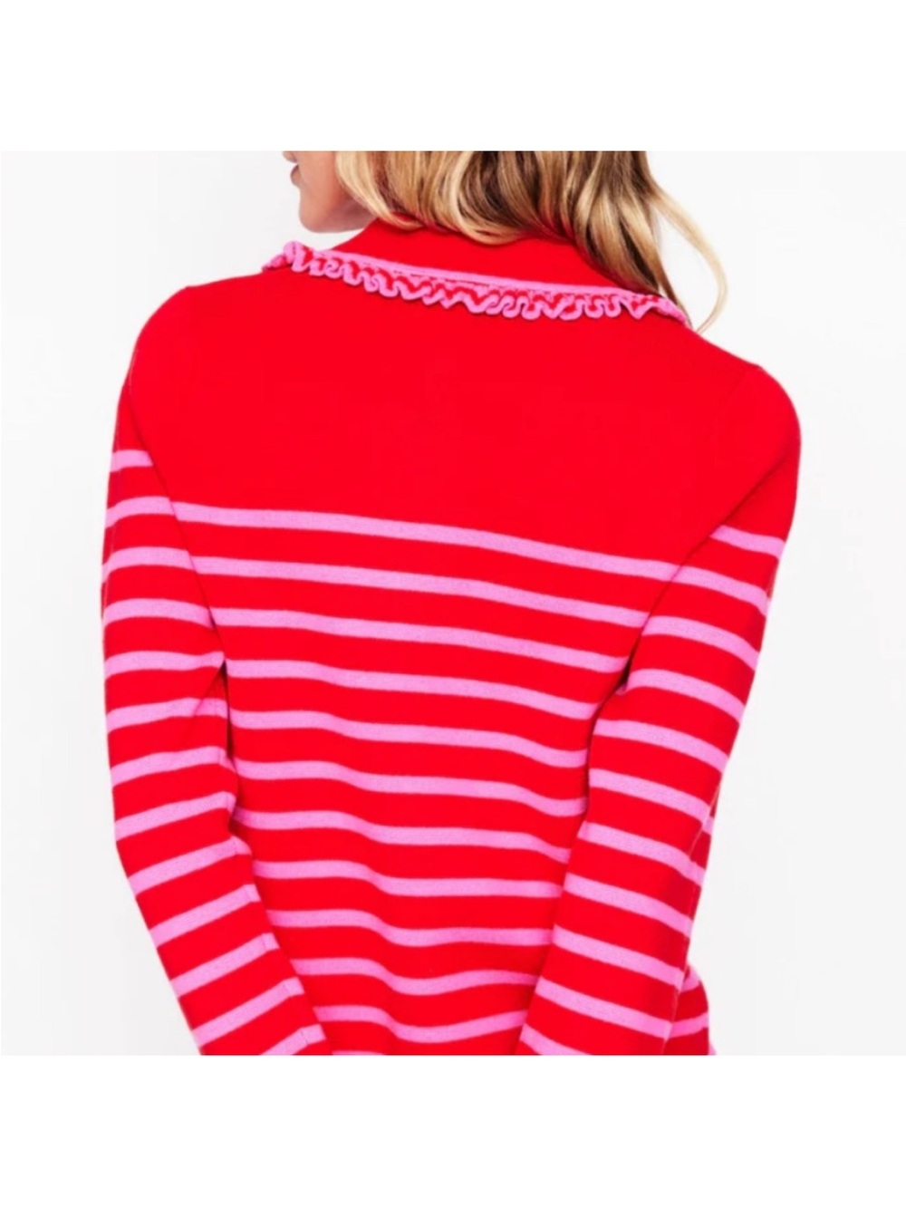 BODEN Jessie striped ruffled frill collared cardigan pink red size Small - Picture 3 of 12
